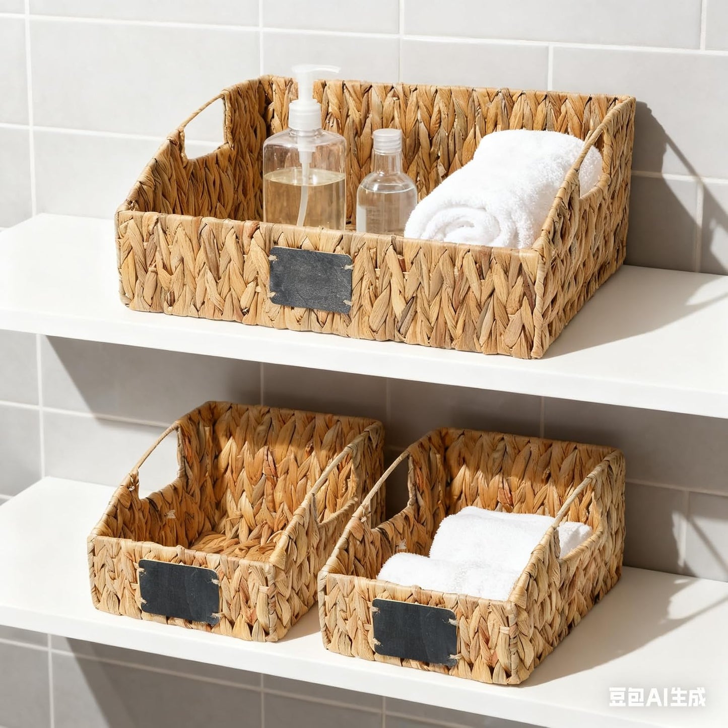 Water Hyacinth Storage Baskets Set of 3 with Chalkboard Labels — Wicker Pantry Organizer Baskets for Kitchen Shelves, Laundry Room, Bathroom & Bedroom — Woven Snack & Produce Storage Bins