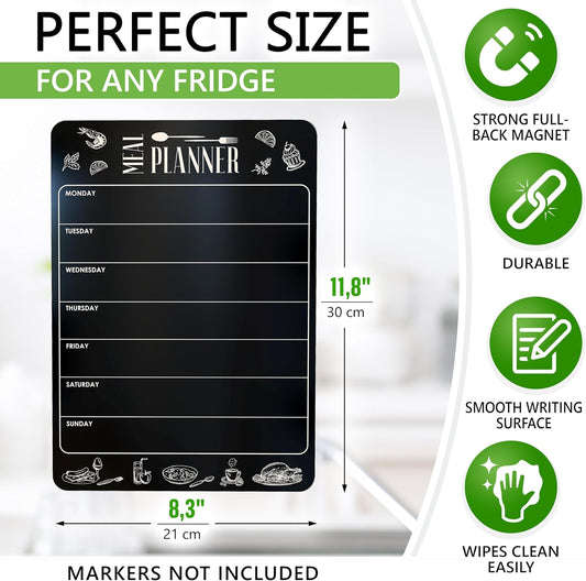 Weekly Dinner Menu Board for Kitchen A4-8.5x12 Black Magnetic Weekly Meal Planner for Fridge Dry Erase Weekly Menu Boards Magnetic Menu for Refrigerator Food Menu Boards Week Chalkboard Menu Board