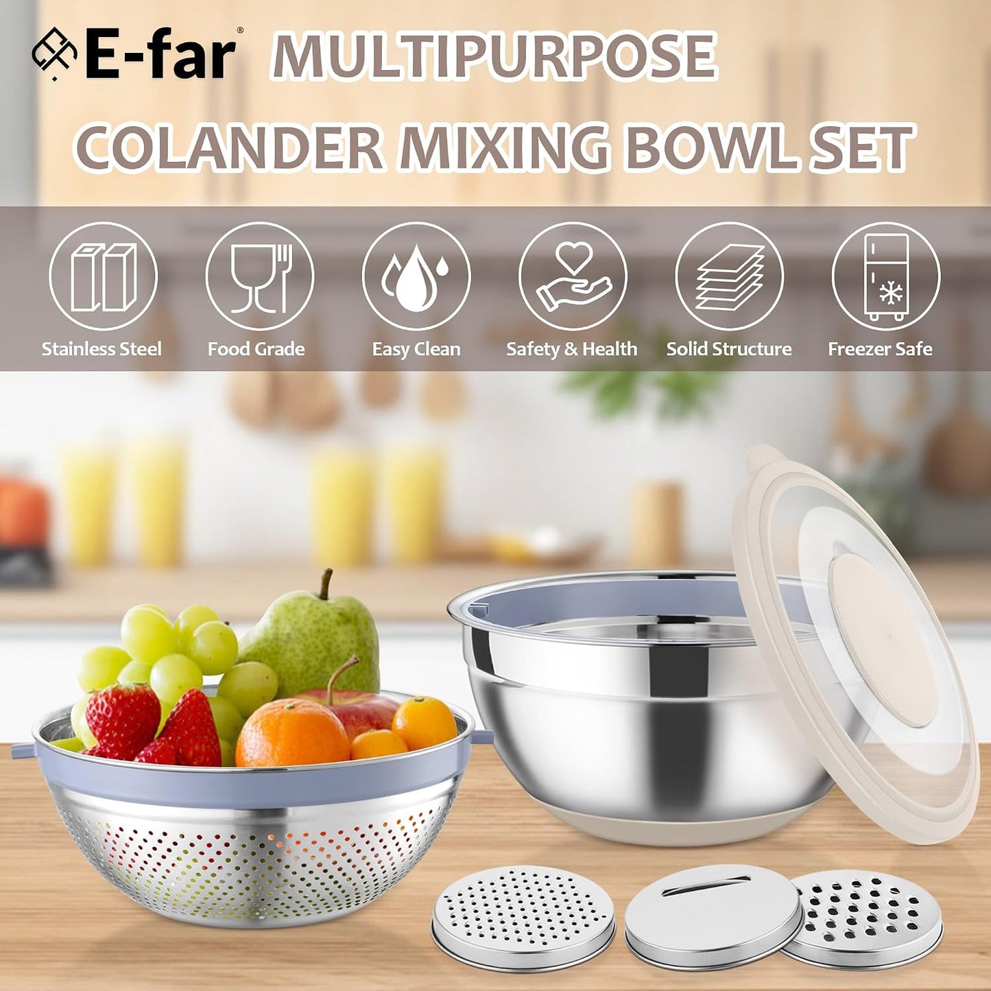 E-far Colander with Mixing Bowl Set, 4-1 Stainless Steel Colander Strainers Bowl with Graters for Kitchen, Rotatable Food Strainer Bowl for Rinsing Fruits Vegetables/Draining Pasta - Black