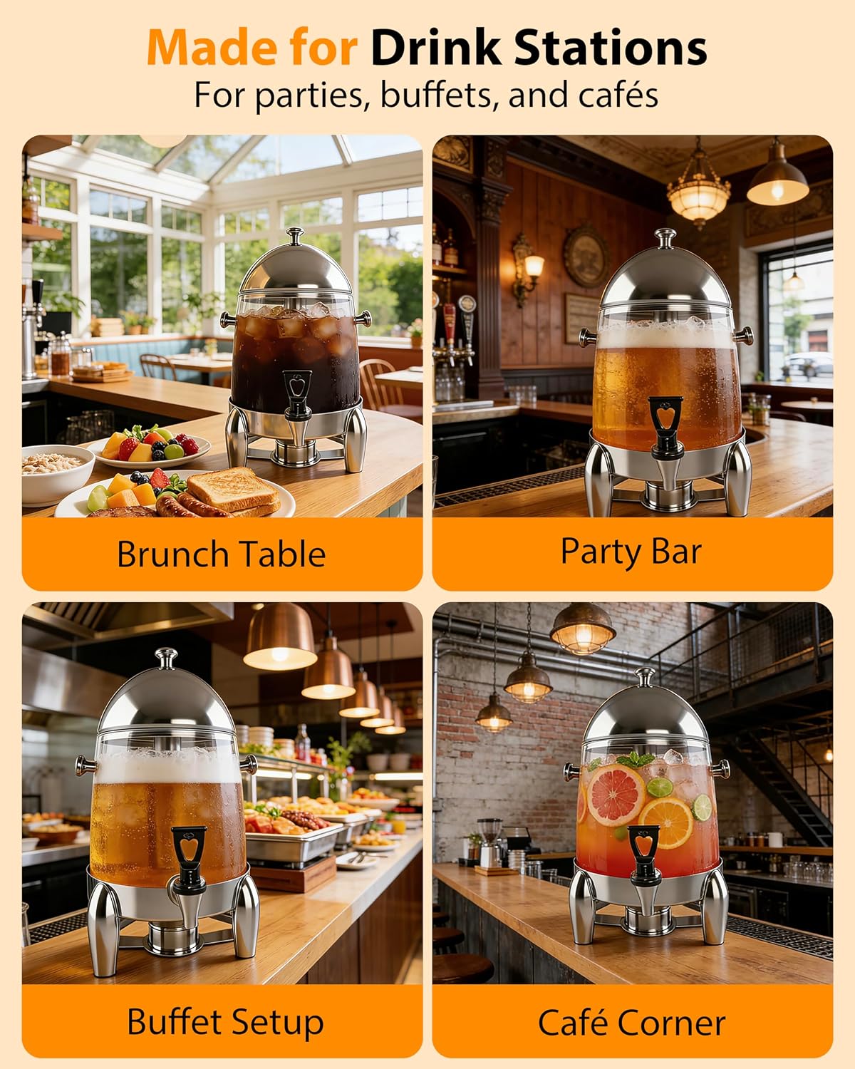 Beverage Dispenser with Stand, 3 Gallon Drink Dispenser for Parties,Events,Buffet &Self-Serve,Dual Ice Tube Core Fruit Infuser,Leakproof Spigot,Clear PC Container, Stainless Steel Lid&Base