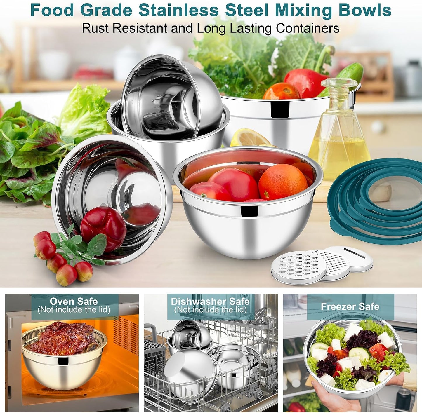 E-far Mixing Bowls Set of 5, Stainless Steel Salad Mixing Bowl with Transparent Lid, Metal Nesting Bowl Attach with 3 Graters for Kitchen Prepping/Serving/Baking/Storage, 4.6/2.6/1.5/1/0.7 QT - Black