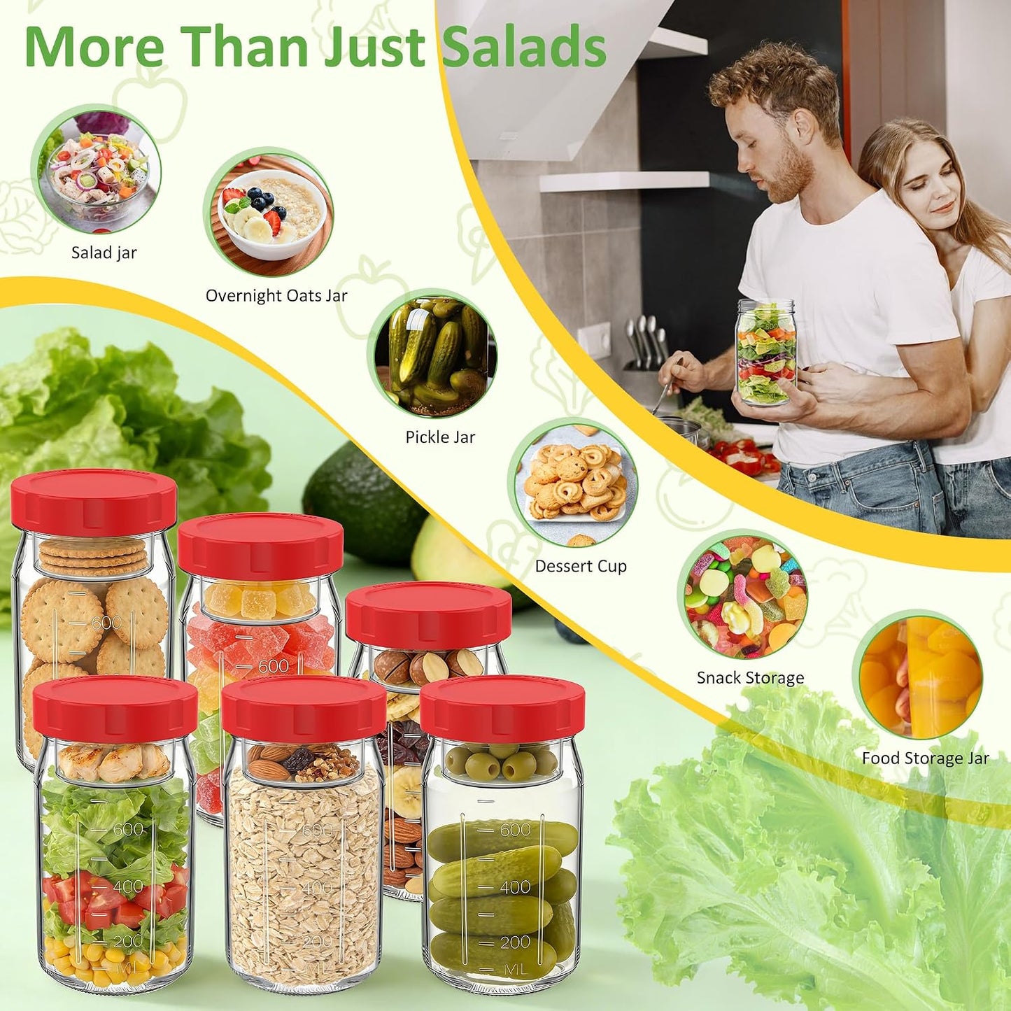 4Pack Glass Salad Jars with Lids, 32oz Salads Mason Jars with Wet/Dry Separation Cup, Meal Prep Salad Containers for Lunch, Leakproof Wide Mouth Food Storage Containers, BPA-Free Reusable (Orange)