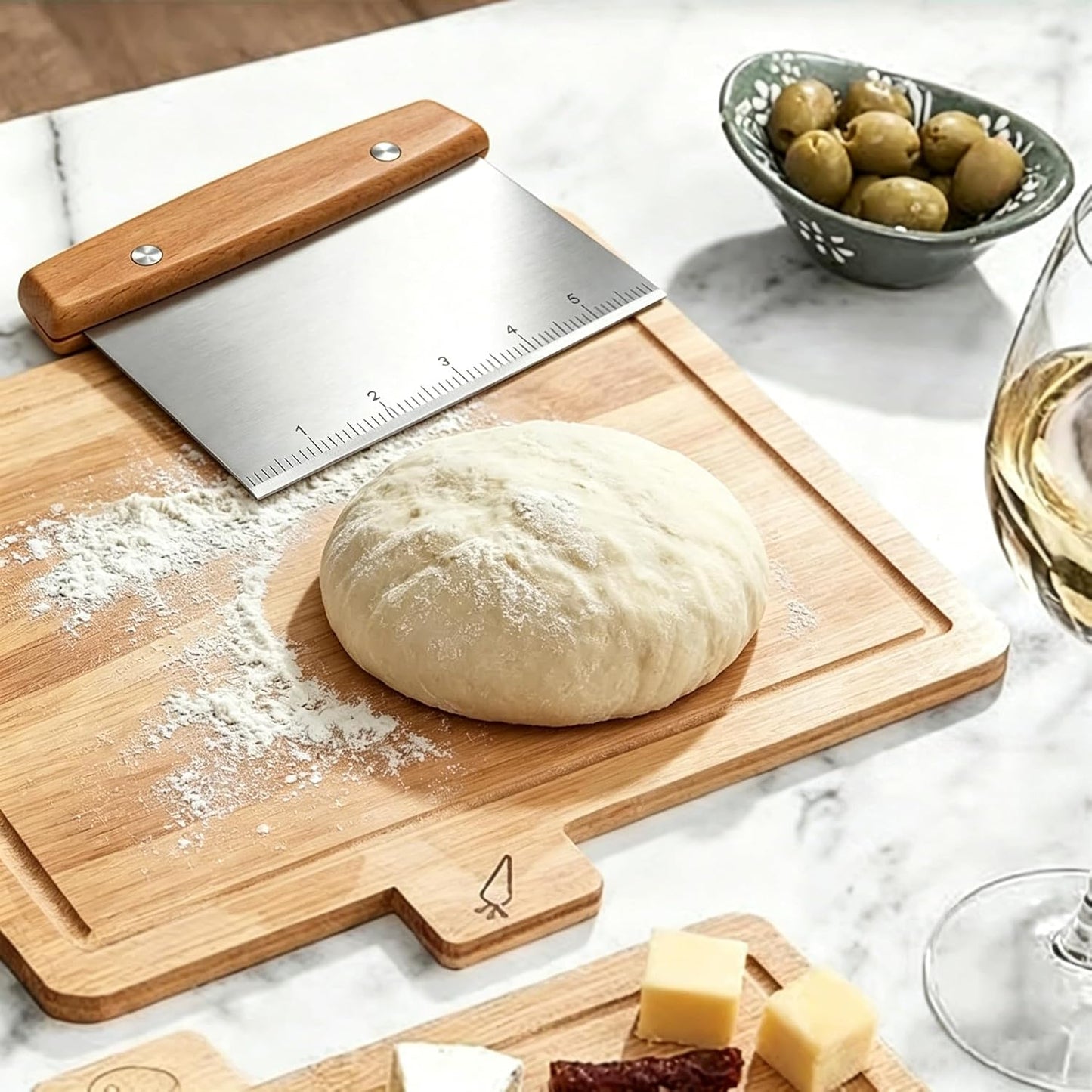 stainless steel bench scraper,dough scraper for bread, pizza dough cutter, baking and vegetable chopping - versatile kitchen tool (2, Silver)