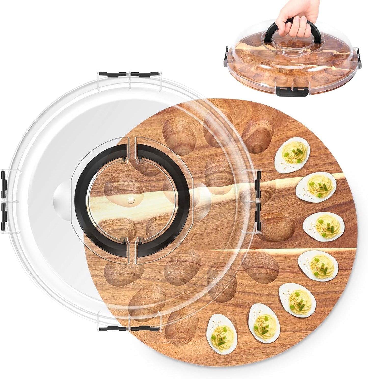 Deviled Egg Container with Lid, 2026 Upgraded Wooden Deviled Egg Platter Carrier Holder Trays with 24 Slots for Party and Home Kitchen Countertop Clear Lid Dishwasher Safe
