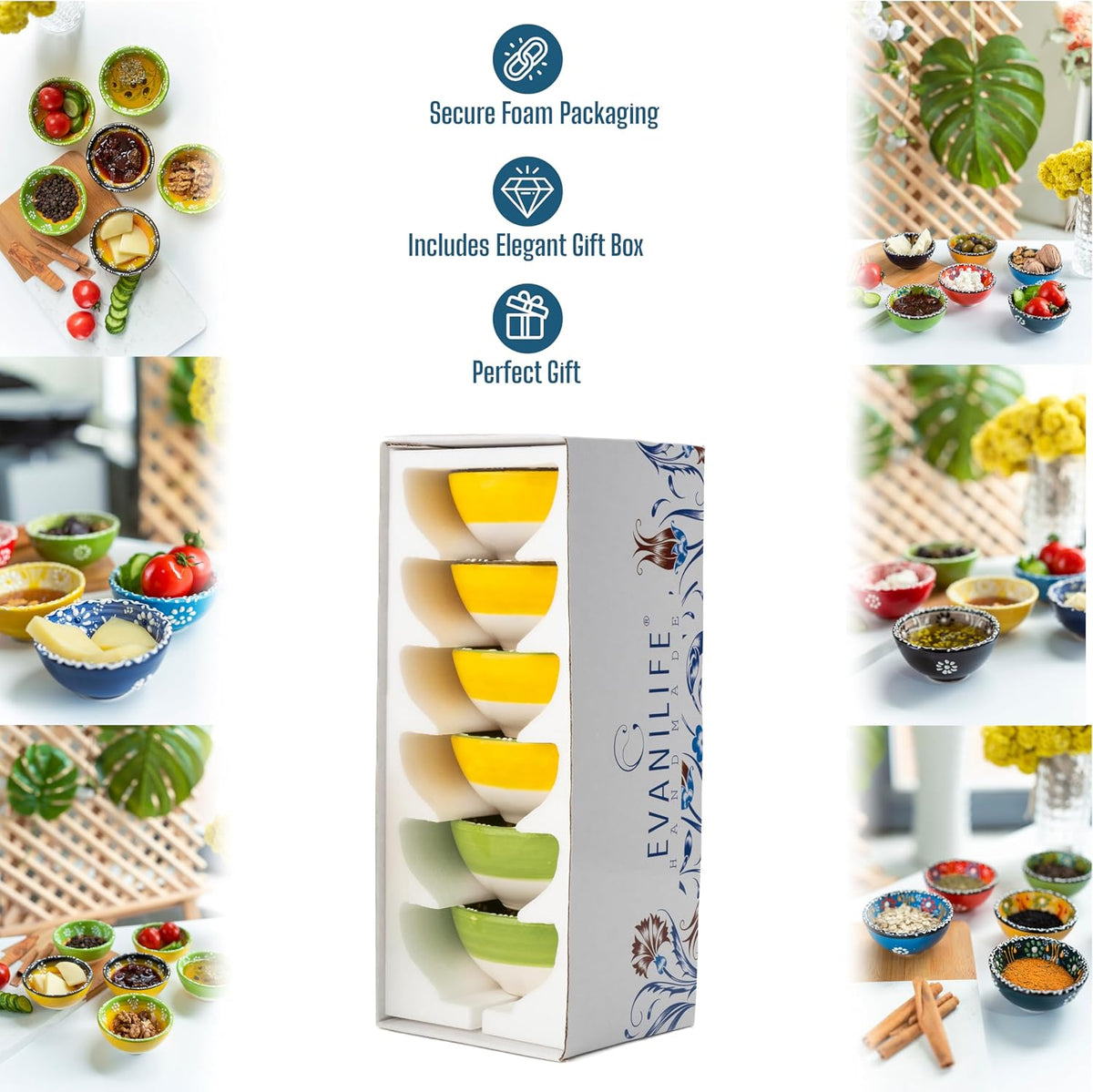 Ceramic Small Dipping Bowls Set of 6, 3.5 Oz Soy Sauce Dish, Handmade Charcuterie, Colorful Pinch, Dishwasher & Microwave Safe, 3.2'' Mini (SULTAN'S GARDEN)