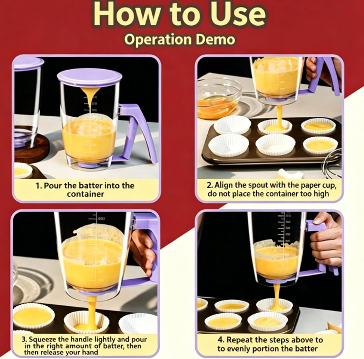 Pancake Batter Dispenser with Squeeze Handle & Silicone Spatula & Cleaning Brush