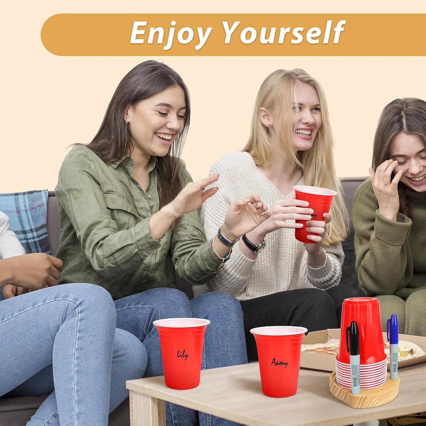 Hosting Essentials: Drink & Cup Holder with Marker Slot - Prevent Mix-Ups at Parties, BBQs, Weddings, Cookouts & Birthdays - Wooden Organizer Fits Universal Disposable Cup Sizes
