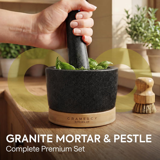 Gramercy Granite Mortar and Pestle Set, Stone Grinder Bowl with Bamboo Base