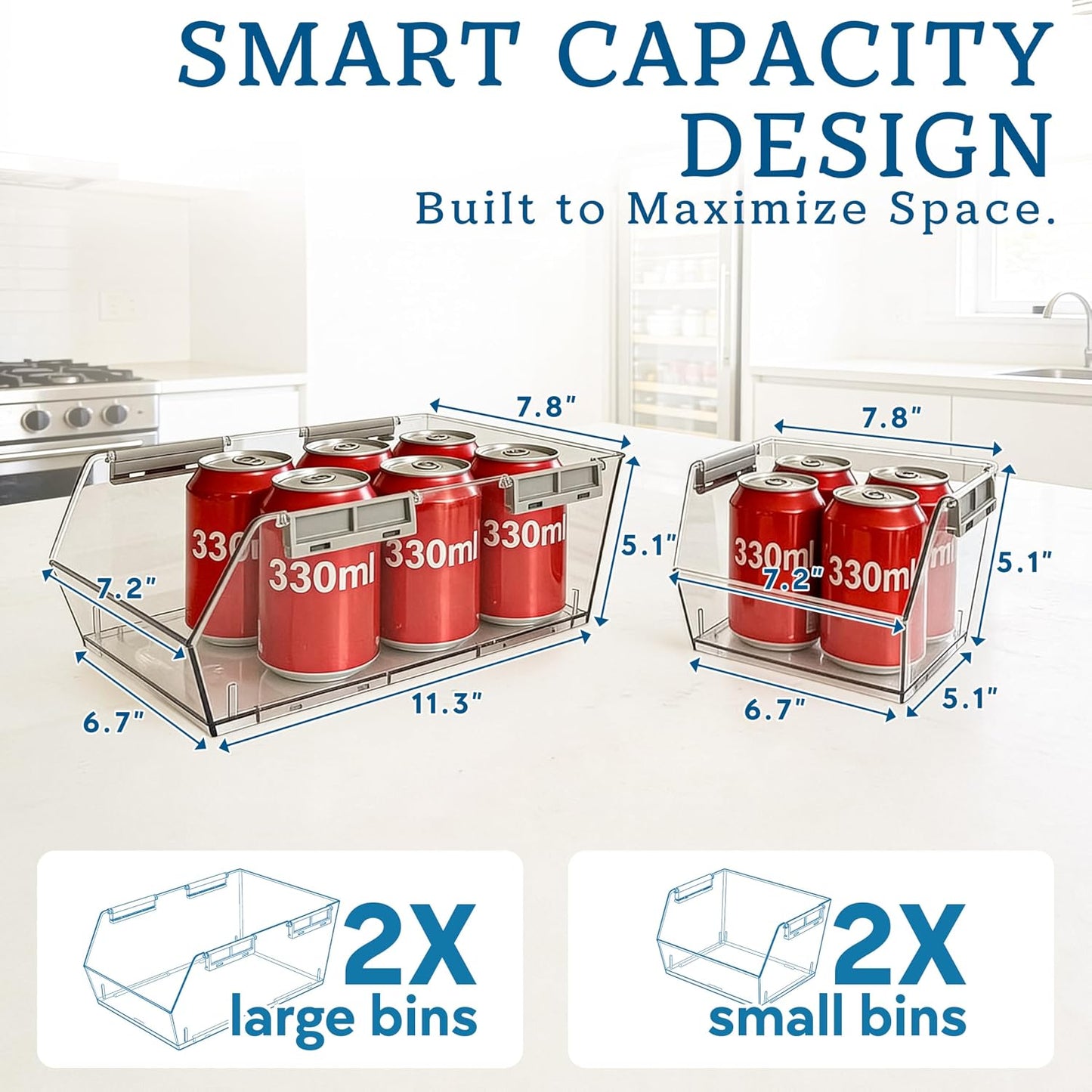 HOMESTEAD Set of 4 Stackable Storage Bins, 2 Large + 2 Small Clear Plastic Organizer Bins, Open Front Design for Kitchen Pantry, Fridge, Cabinet, Bathroom Organization and Snack Storage