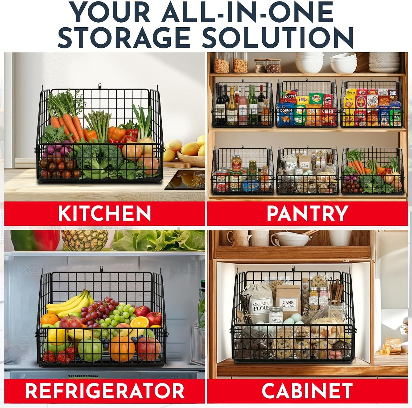 3x Stackable Hanging and Counter Baskets, Hanging Fruit Baskets for Kitchen