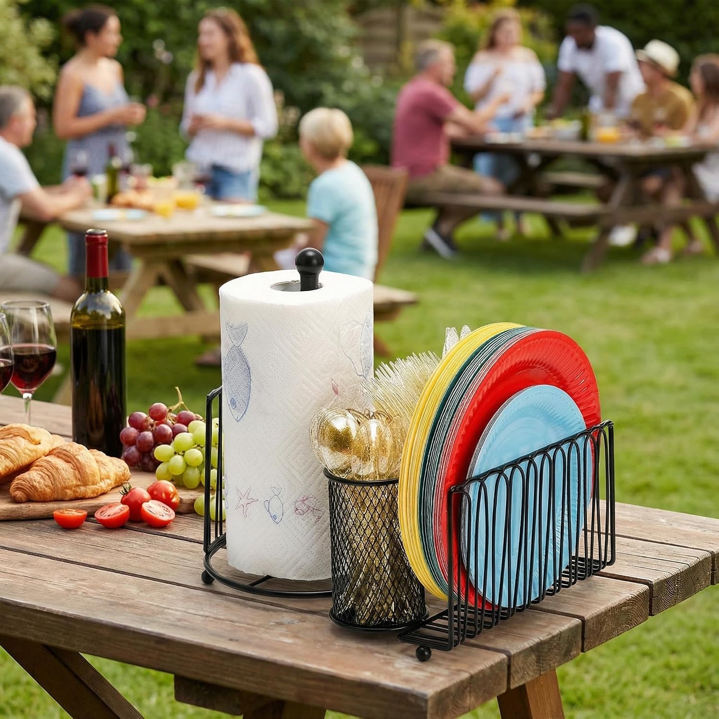 Elsjoy Picnic Utensil Holder Caddy with Handle & Paper Towel Holder, Metal Silverware Organizer Portable Flatware Holder for Cutlery, Fork, Spoon, Plate, Napkin