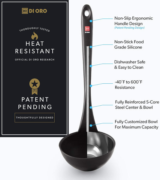 DI ORO Silicone Ladle - Soup & Serving, 600F Heat Resistant, Black