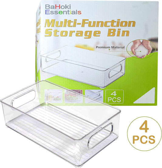 Bahoki Essentials Set of 4 Kitchen Pantry Bins - Clear Plastic Storage for Freezer and Refrigerator - Kitchen Organizer for Snack, Drink, Fruit and Vegetables - Multifunctional Stackable Home Bins