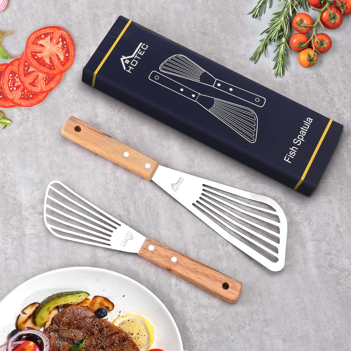 HOTEC 2pcs Stainless Steel Wooden Handle Fish Spatula, Metal Spatula Flipping Foods