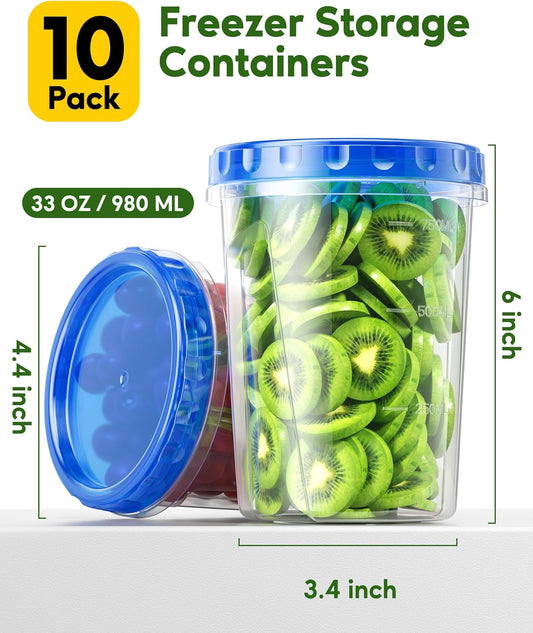 10 Pack-33oz Freezer Storage Containers Set, Plastic Food Storage Containers with Twist Top Lids, BPA Free Stackable Soup Containers for Overnight Oats/Salad/Leftover/Soup/Ice Cream