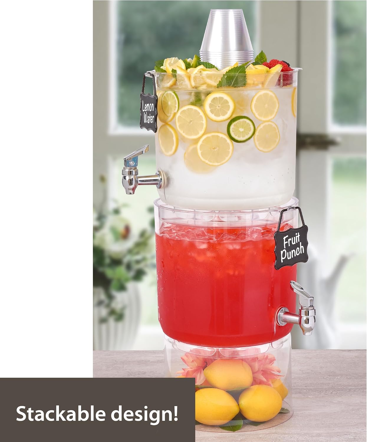 Buddeez Durable 2 Gallon Beverage Dispenser with Stand - Stackable Drink Server for Parties - Includes Party Top Lid and Chalk board Tag