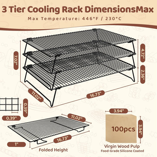 3 Tier 17" x 11" Cooling Rack for Cooking and Baking w/100 Papers
