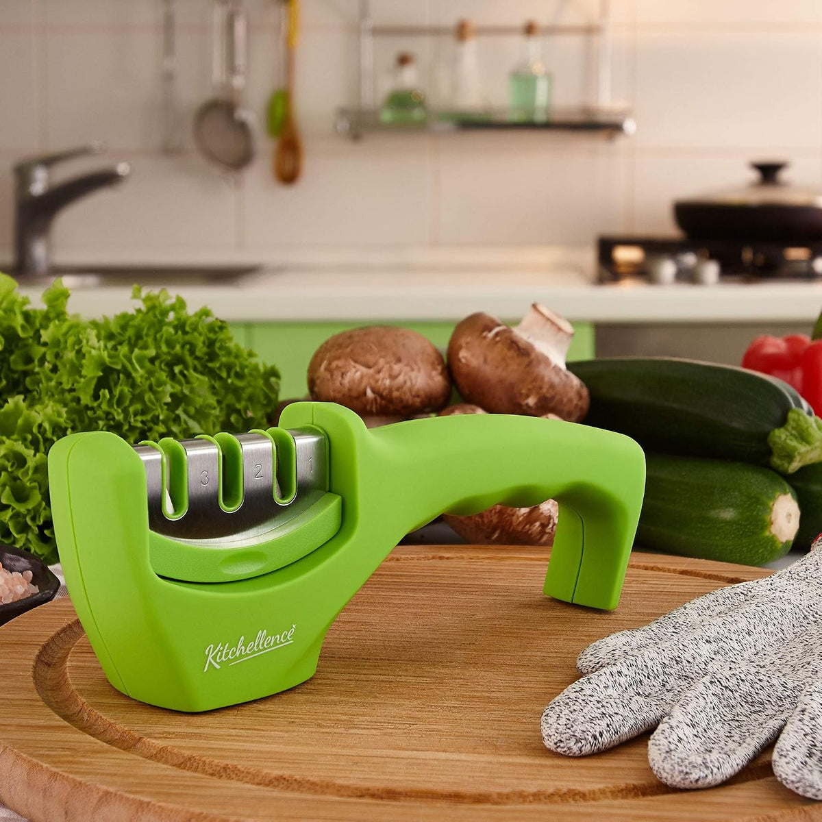 4-in-1 Kitchen Knife Accessories: 3-Stage Knife Sharpener Helps Repair, Restore, Polish Blades and Cut-Resistant Glove (Black)