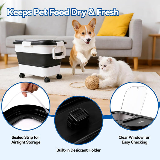 Dog Food Storage Container 20-25lbs, Airtight Pet Food Bin with Locking Lid & Clear Window, Collapsible Rolling Storage Container with Wheels and Scoop, Black