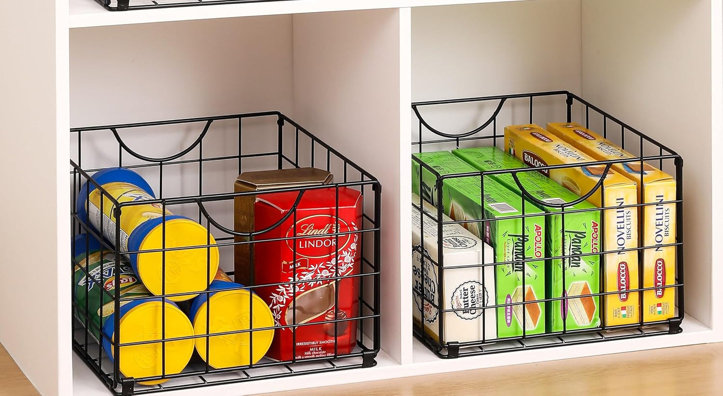 DINGTAI Metal Wire Basket Organizer Foldable Set of 6, Food Storage Mesh Bin with PVC Sheet, Freezer Organizer Bins for Pantry Closet Bathroom-Black