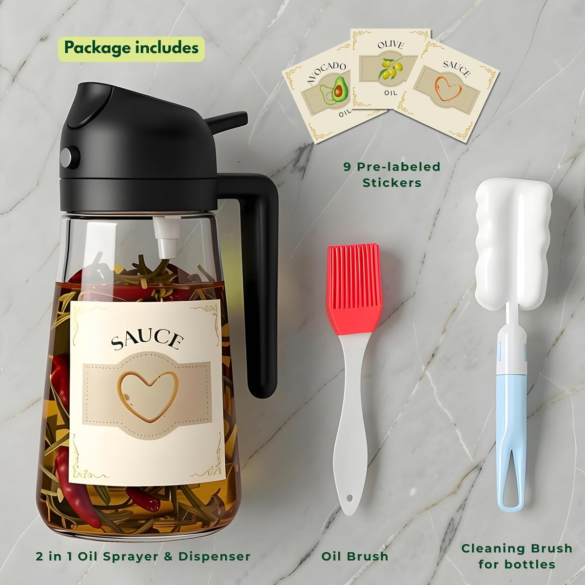 Glass Olive Oil Sprayer for Cooking 16oz/470ml – Transparent 2-in-1 Glass Oil Sprayer & Dispenser with 9 Labeled Stickers, Kitchen Gadgets & Air Fryer Accessories, Olive Oil Dispenser – Black