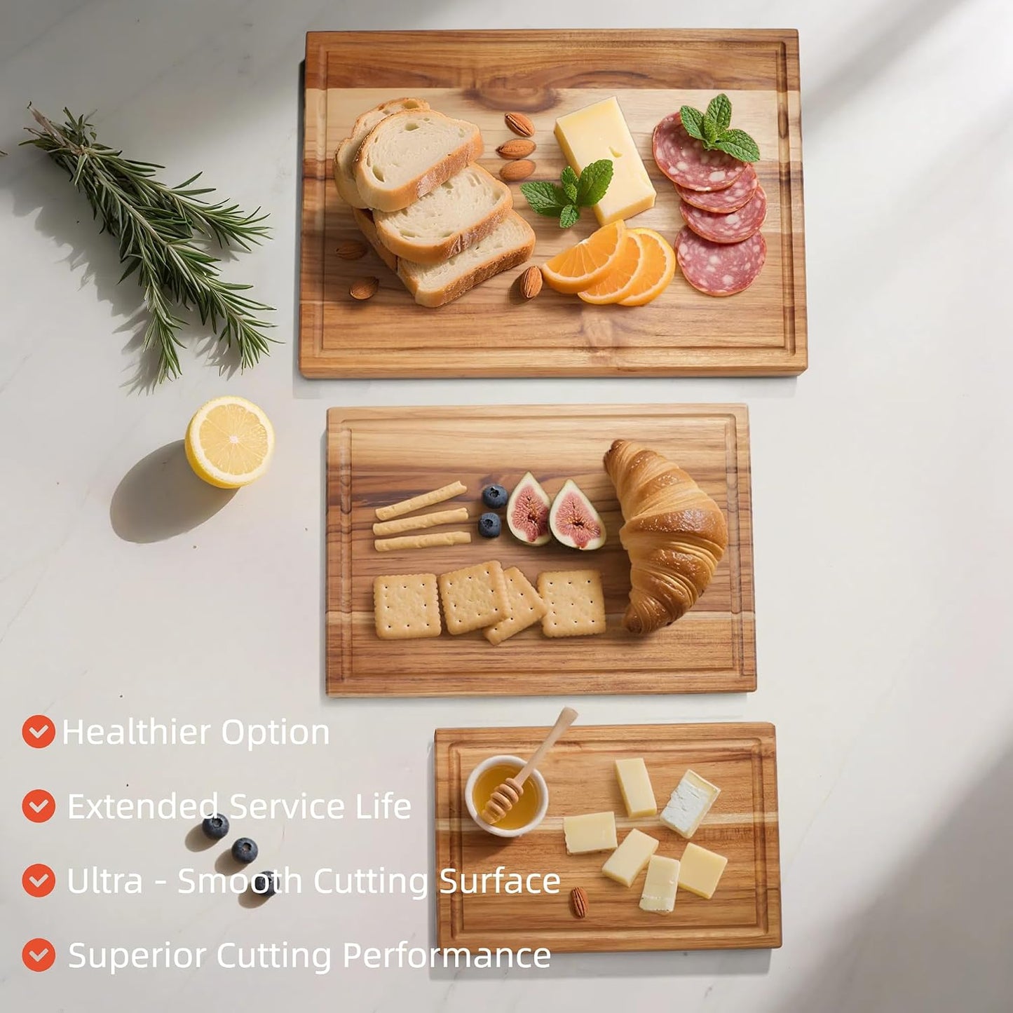Acacia Wood Cutting Board Set with Stand | 3 Pcs Knife-Friendly Non-Slip Wooden Cutting Boards for Kitchen | 0.7″Thick Butcher Block | Large Solid Chopping Boards with Juice Groove