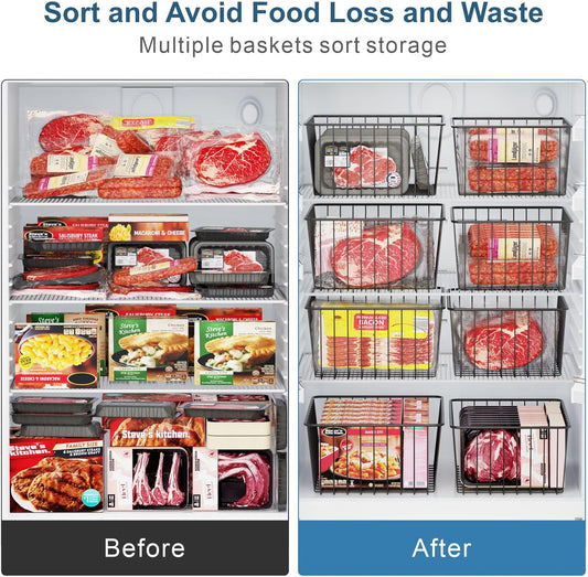 iSPECLE Freezer Organizer Bins - 4 Pack Upright Freezer Baskets for 17/21 Cu.Ft Stand Up Freezer, Wire Storage for Reach-In Freezer, Slide-Out Access, Prevents Items Falling, 2 Large 2 Medium, White