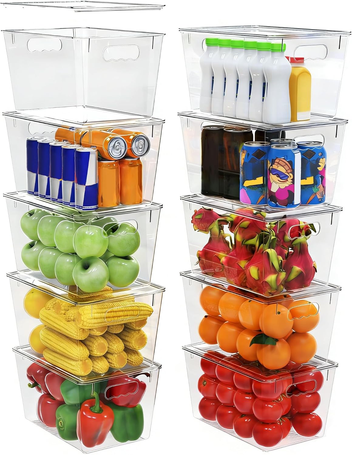 YAN & HIN 6 Pack Clear Storage Bins with Lids, Stackable Plastic Organizer Bins with Handles, Pantry Organizers and Storage for Kitchen Cabinet, Fridge, Bathroom, Closet and Shelf Organization