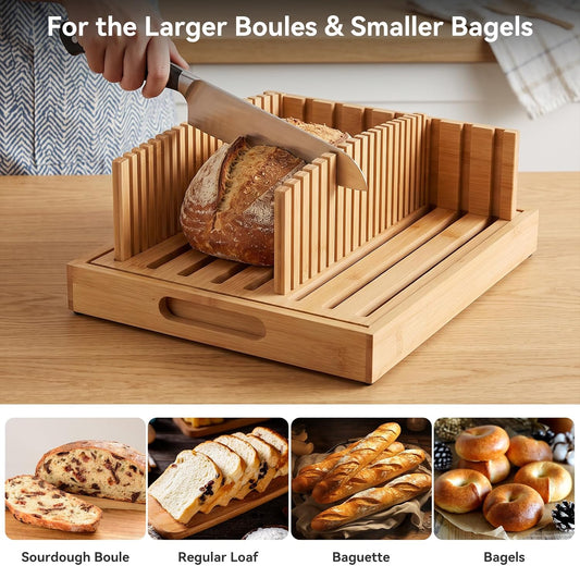 OTraki Bamboo Bread Slicer with Adjustable Guide, 10.5" Bread Cutting Board