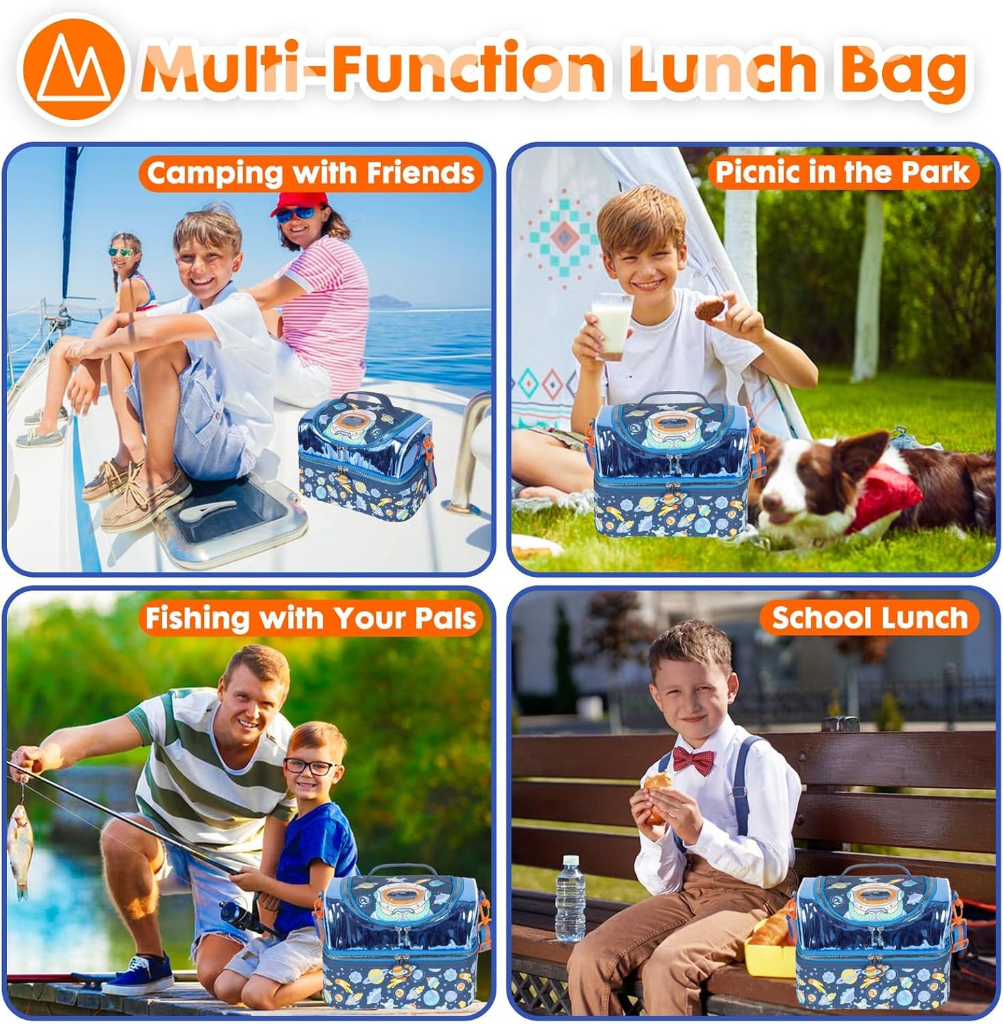 Kids Double Decker Cooler Insulated Lunch Bag, Back to School Large Meal Tote for Boys, Girls, Men, Women, with Adjustable Strap, Soccer
