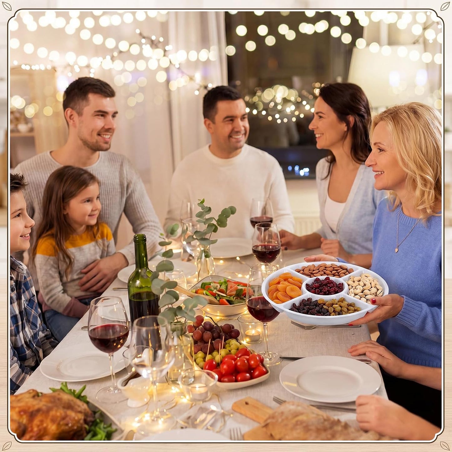 24 Pcs 5 Sectional Plastic Divided Serving Trays Bulk 12 Inch Round Chip and Dip Plates Fruit Veggie Appetizer Platter Snack Tray for Holiday Party Family Gathering(Black)