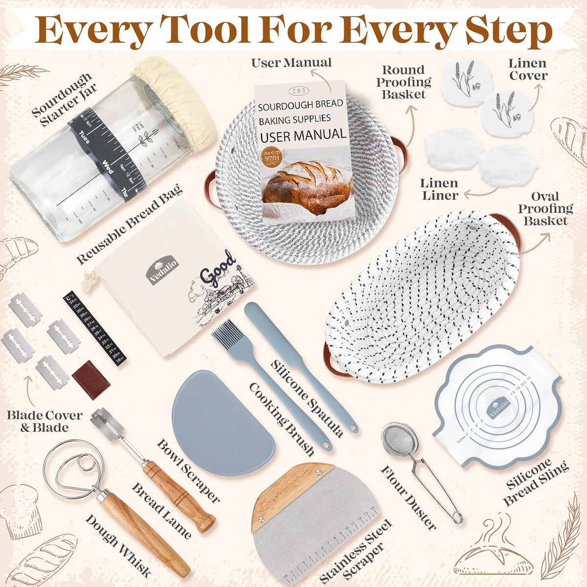 Sourdough Starter Kit, Sourdough Bread Baking Supplies, Sour Dough Starter Kits, Woven Bread Proofing Basket, Sourdough Kit Jar Sour Dough Bread Making Tools Kit Accessories, Gifts for Women Mom Wife