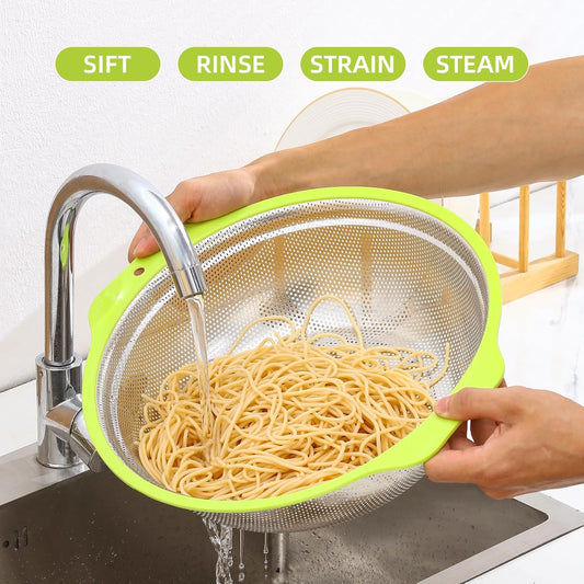 Colander Stainless Steel Microporous, 5QT Large Capacity Rice Washer with Mixing Bowl, 12.5’’Rice Strainer Bowl Set with Handle, Food-Grade Strainers and Colanders for Washing Rice, Pasta