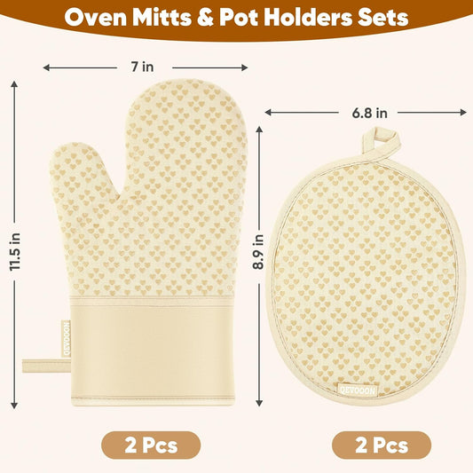 Oven Mitts and Pot Holders 4 Sets, Heat Resistant 500 ℉ Oven Mitt and Pot Holder,Oven Glove&Potholders with Non-Slip Silicone Surface,Kitchen Essentials for Cooking/Baking/BBQ-Beige