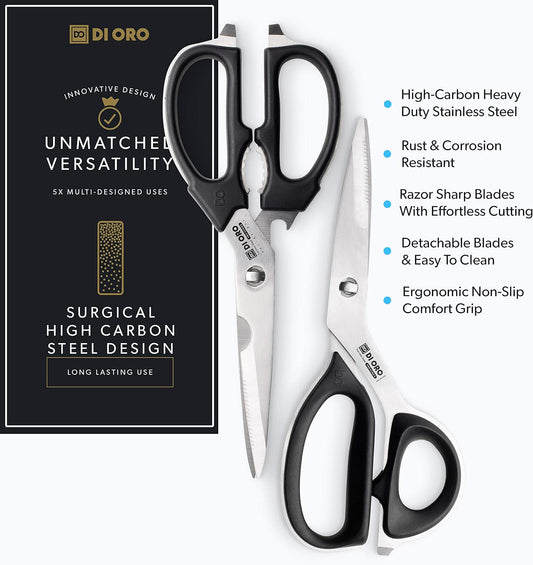 DI ORO Heavy Duty Kitchen Shears - All Purpose - Sharp Scissors for Food, Meat, & Herbs - Stainless Steel Kitchen Shears Heavy Duty & Dishwasher Safe - Bone Cutting Scissors