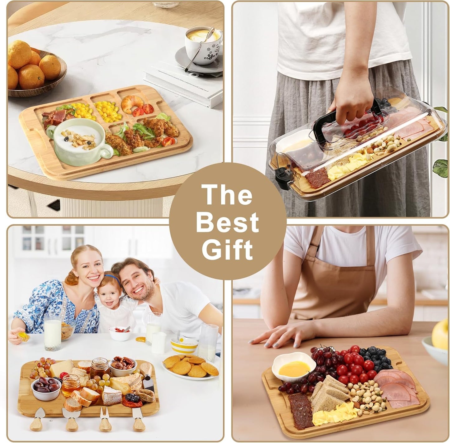 Charcuterie Board Set with Clear Snap-on Lid & Compartments, Portable Bamboo Serving Tray for Travel, Picnics & Entertaining - Ideal for Food Presentation & Housewarming Gifts