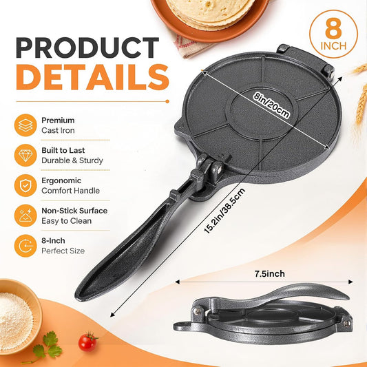 Teenyyou 8 Inch Cast Iron Tortilla Press with 200 Parchment Paper Sheets