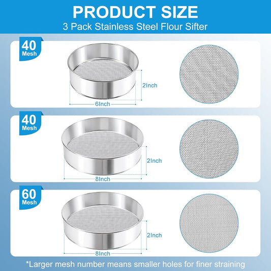3 Pcs flour sifter for baking (8" 40 and 60 Mesh, 6" 40 Mesh)