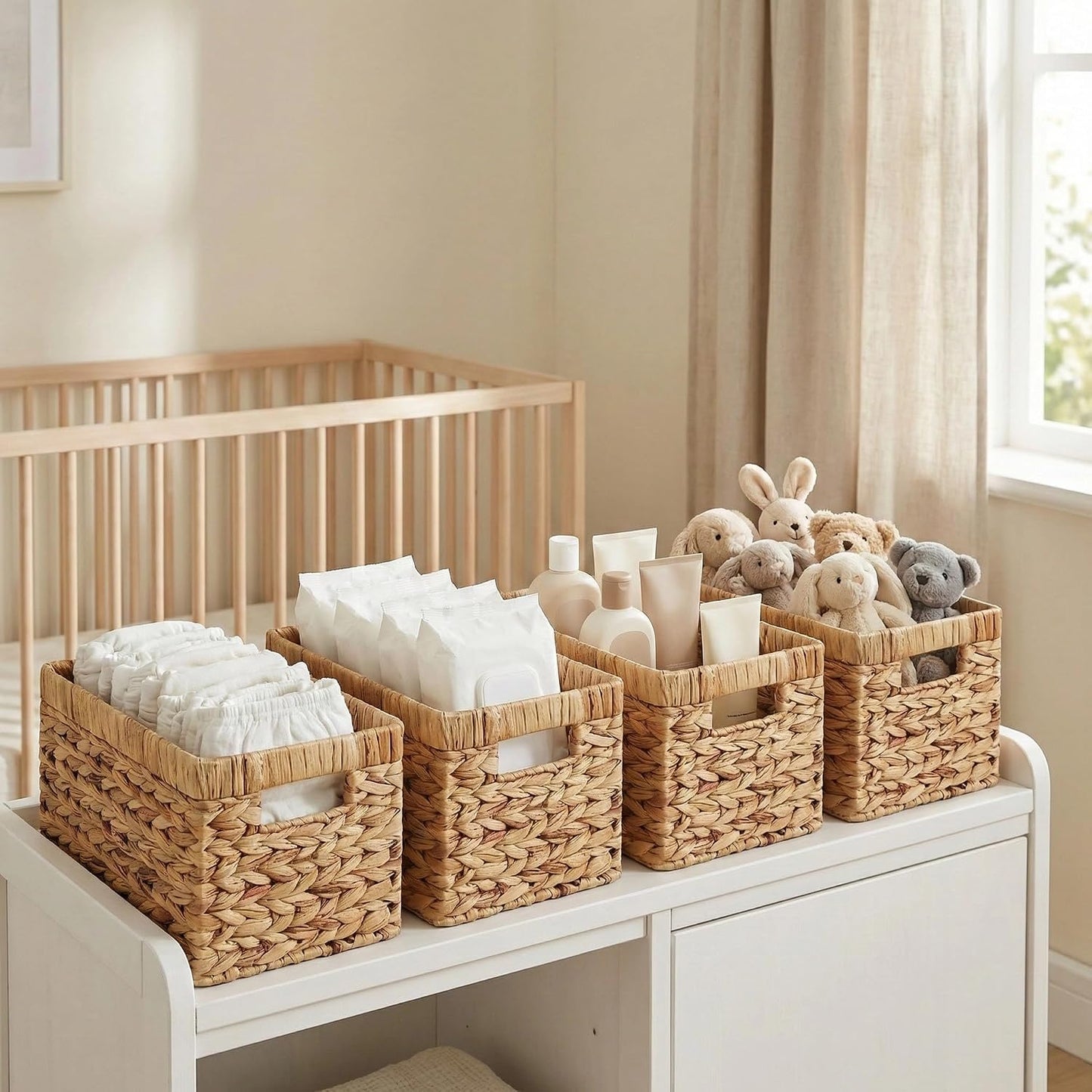 Water Hyacinth Storage Baskets for Shelves Set of 4 — Wicker Baskets for Storage and Organizing, Woven Shelf Baskets with Handles for Pantry, Kitchen, Bathroom and Bedroom, 13" x 8.25" x 7"