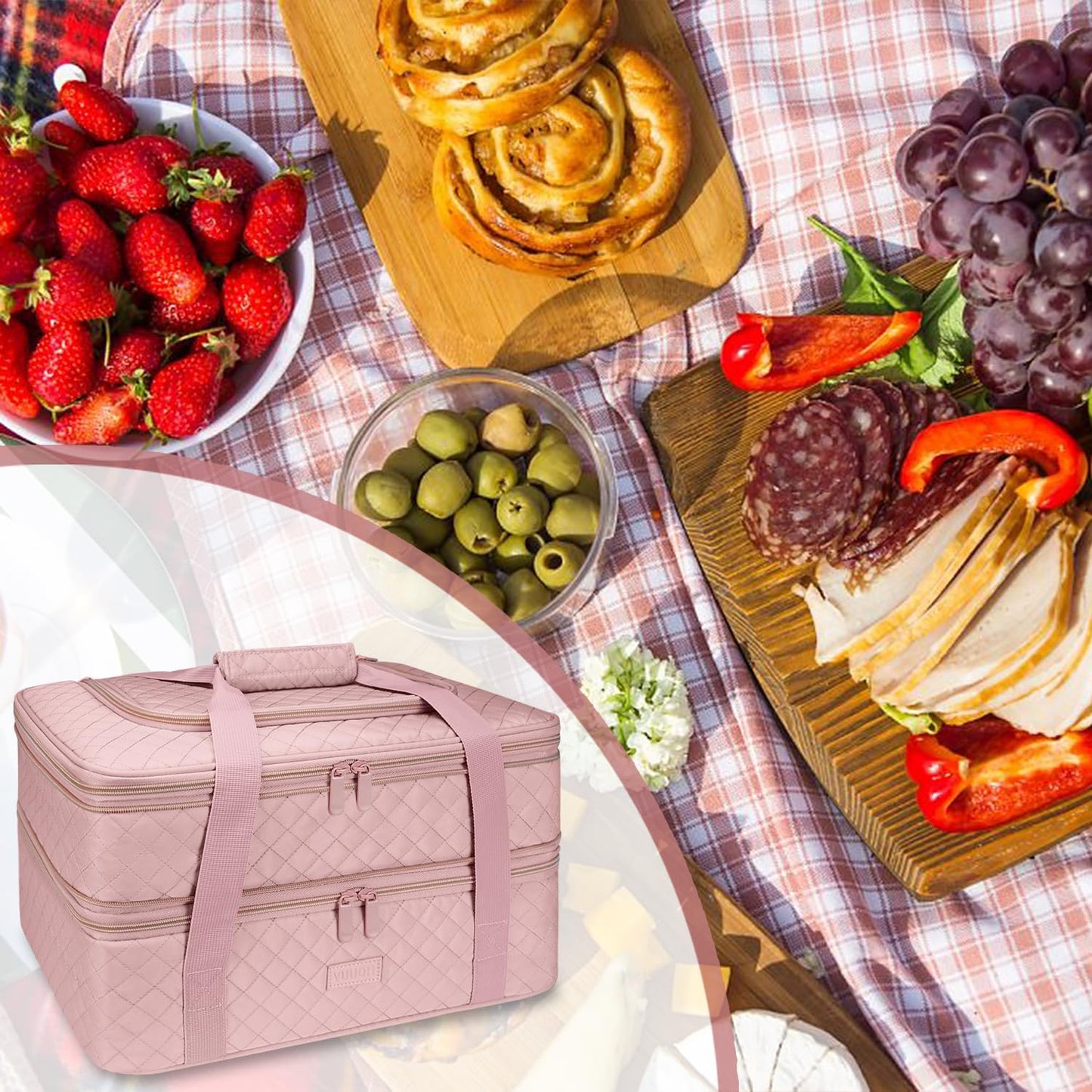 Quilted Double Decker Casserole Carrier - Expandable Dish Carrying Case for Hot or Cold Food, Lasagna Holder for Potluck Parties, Picnic, Beach, Fits 9"×13" Baking Dish (Black)