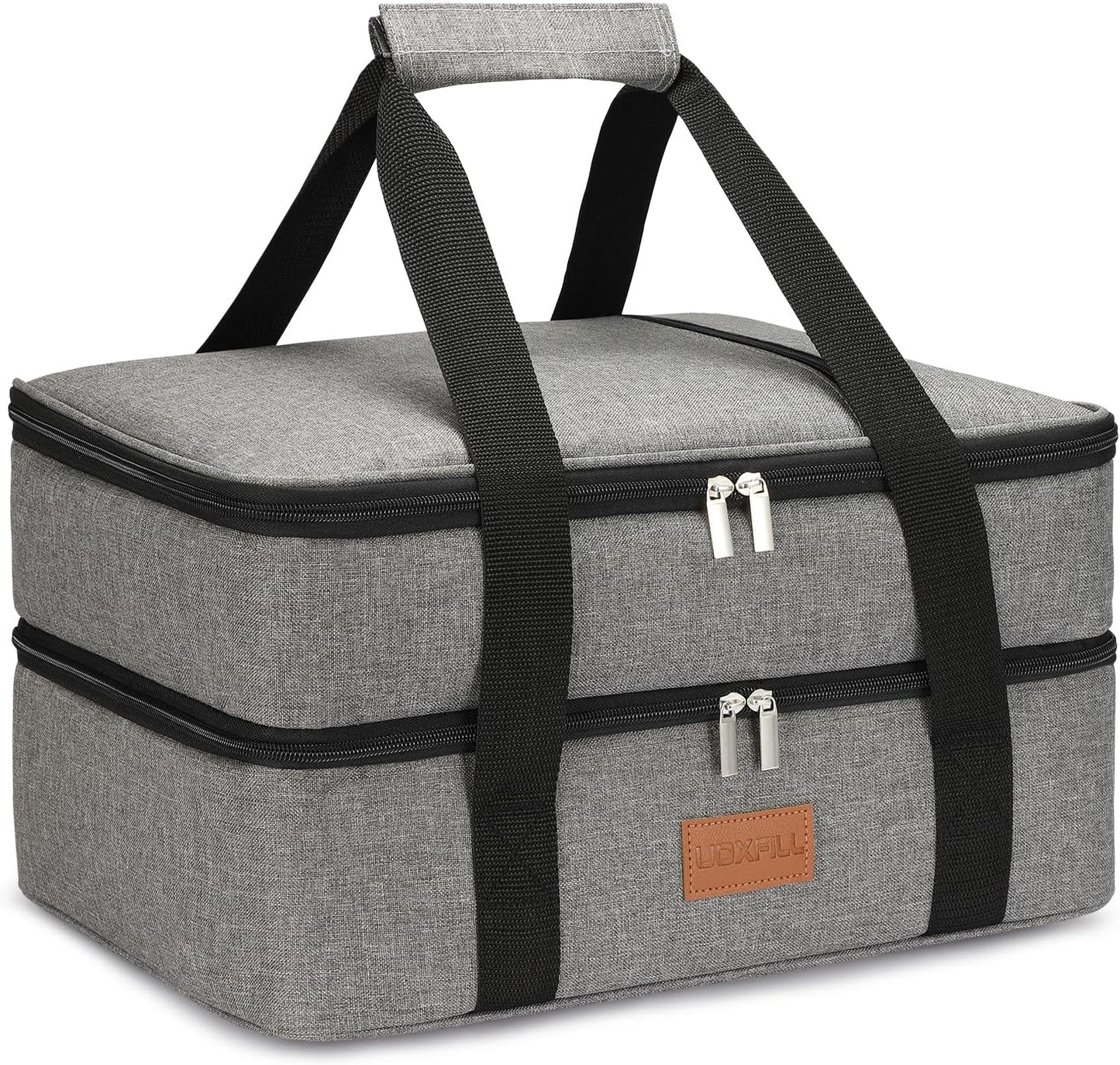 Lunch Bag Insulated Thermal Food Carrier Insulated Double Decker Casserole Carrier for Hot or Cold Food,Insulated Tote Bag for Potluck Cookouts Picnic,Lasagna Holder,Fits 9"x13" Baking Pan,Gray