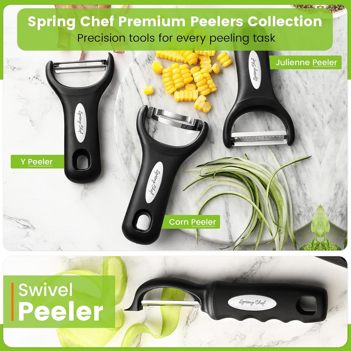 Spring Chef Vegetable Peelers for Kitchen - Stainless Steel Swivel, Y & Julienne Peelers, Potato Peelers with Soft Grip Handles, Kitchen Utensils Set of 3 for Fruits, Veggies, Apples, Carrots