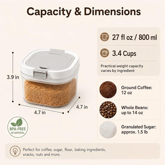 Airtight Brown Sugar Container with Spoon - 27 Fl Oz (800ml) Clear Storage Jar for Pantry - BPA-Free AS Material Perfect for Ground Coffee (Holds 12 oz Weight), Beans, Flour & Tea