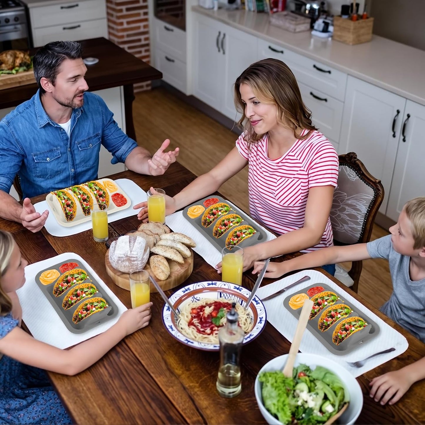 Klyrnd Silicone Taco Holder Set of 2, Reusable Taco Plate with Dividers for Hard & Soft Shells - Microwave & Dishwasher Safe Serving Stand (Grey Beige)