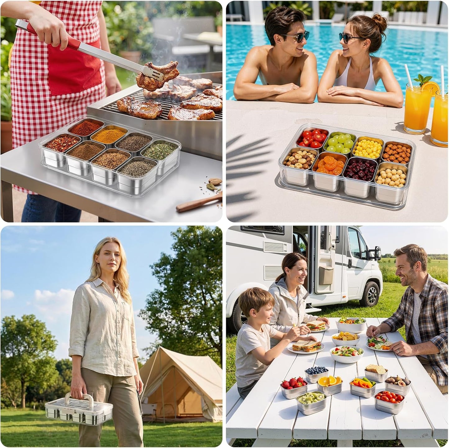 Stainless Steel Snackle Box Container, Divided Serving Tray | 8-Compartment with Lid and Handle, Large Snack Tray for Fruit Veggie Candy