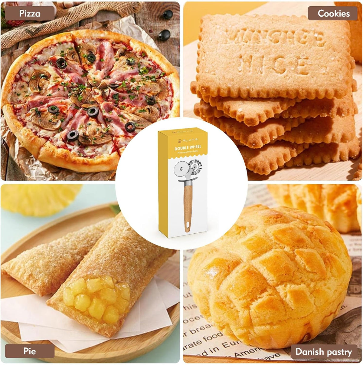 Pasta Cutter Wheel - Fluted Pastry Cutter Double Wheel Ravioli Cutter Tool with Wooden Handle for Pasta Pizza Ravioli Cookie