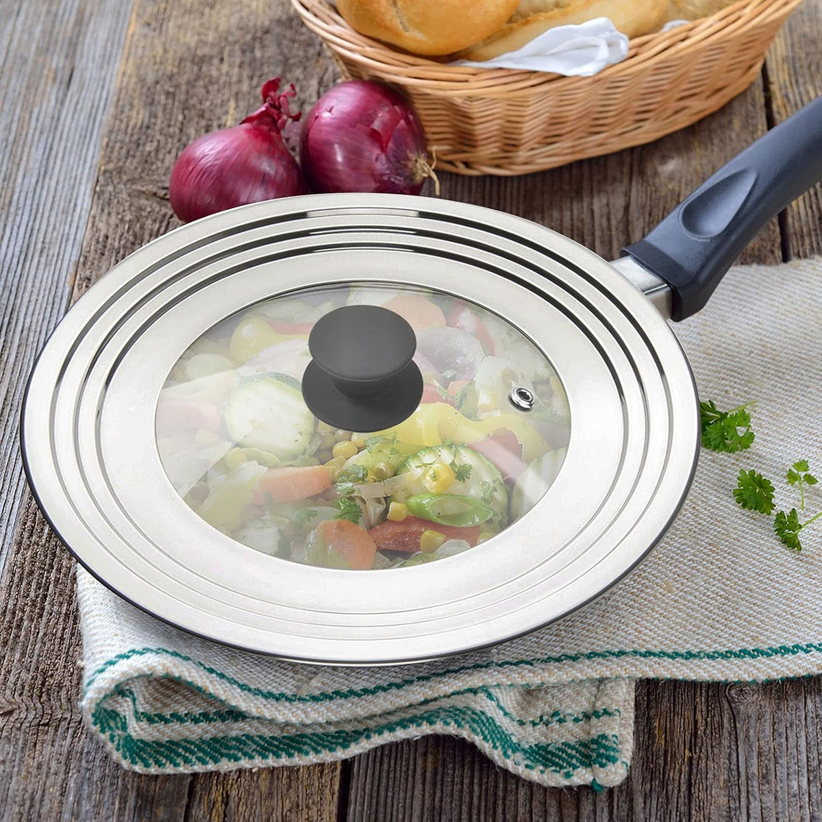 Universal Pans Pots Lid Cover Fit All 8.25 Inch to 12 Inch Pots/Pans/Woks Stainless Steel and Glass Lid with Heat Resistant Knob, Black