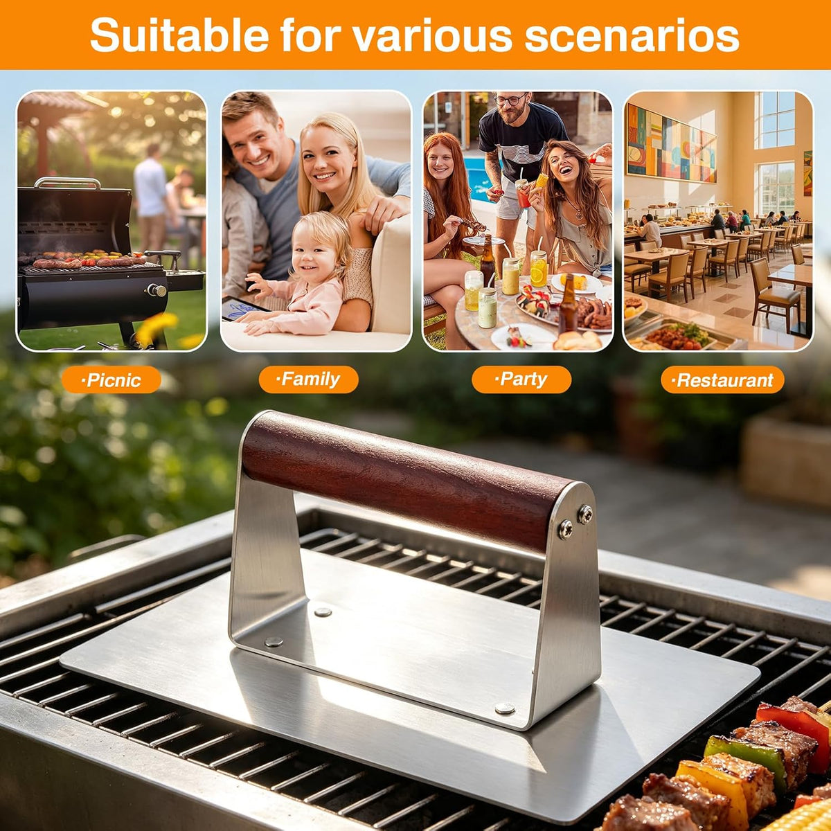 Stainless Steel Bacon Press with Heat Resistant Wood Handle, Heavy Duty Flat Meat Press for Griddle, Grill, Skillet, Prevent Bacon Curling, Perfect for Smash Burger, Sausage, Steak, Panini,8x4.2 inch