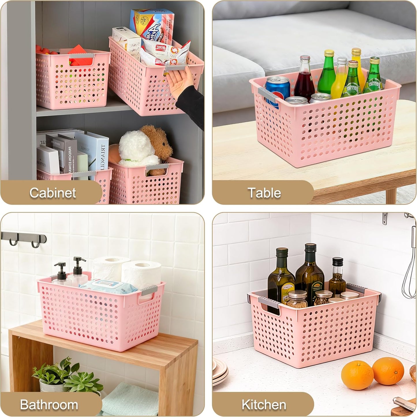 Soddeph 4 Pack Plastic Storage Basket with Handles, Small Deep Organizer Bin with Hollow Design for Under Counter, Shelf, Closet, Kitchen or Bathroom (White, Small)