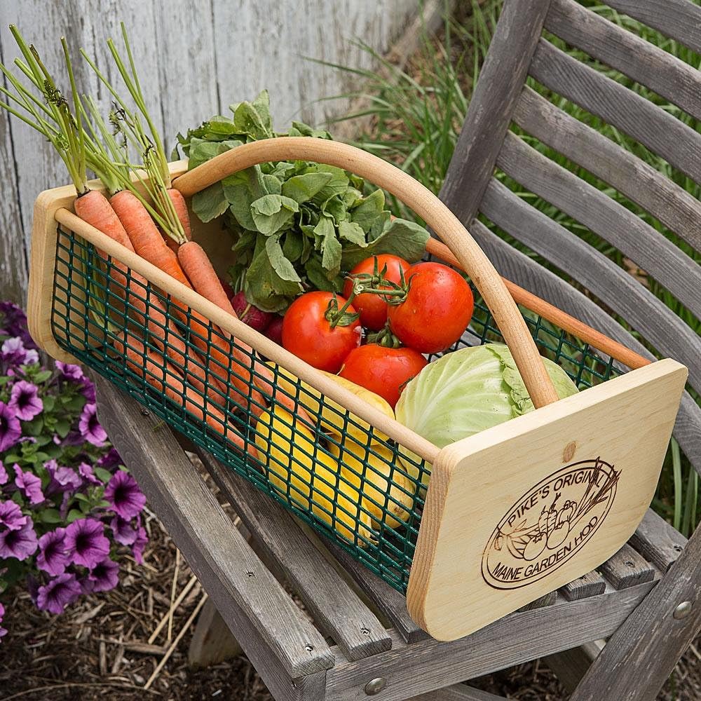 Maine Garden Hod Basket for Vegetable Gardening and Harvest Gathering or Farmhouse Decor, Pine and Oak with PVC Wire Mesh, USA Made, 16 x 9 in, 8 quart